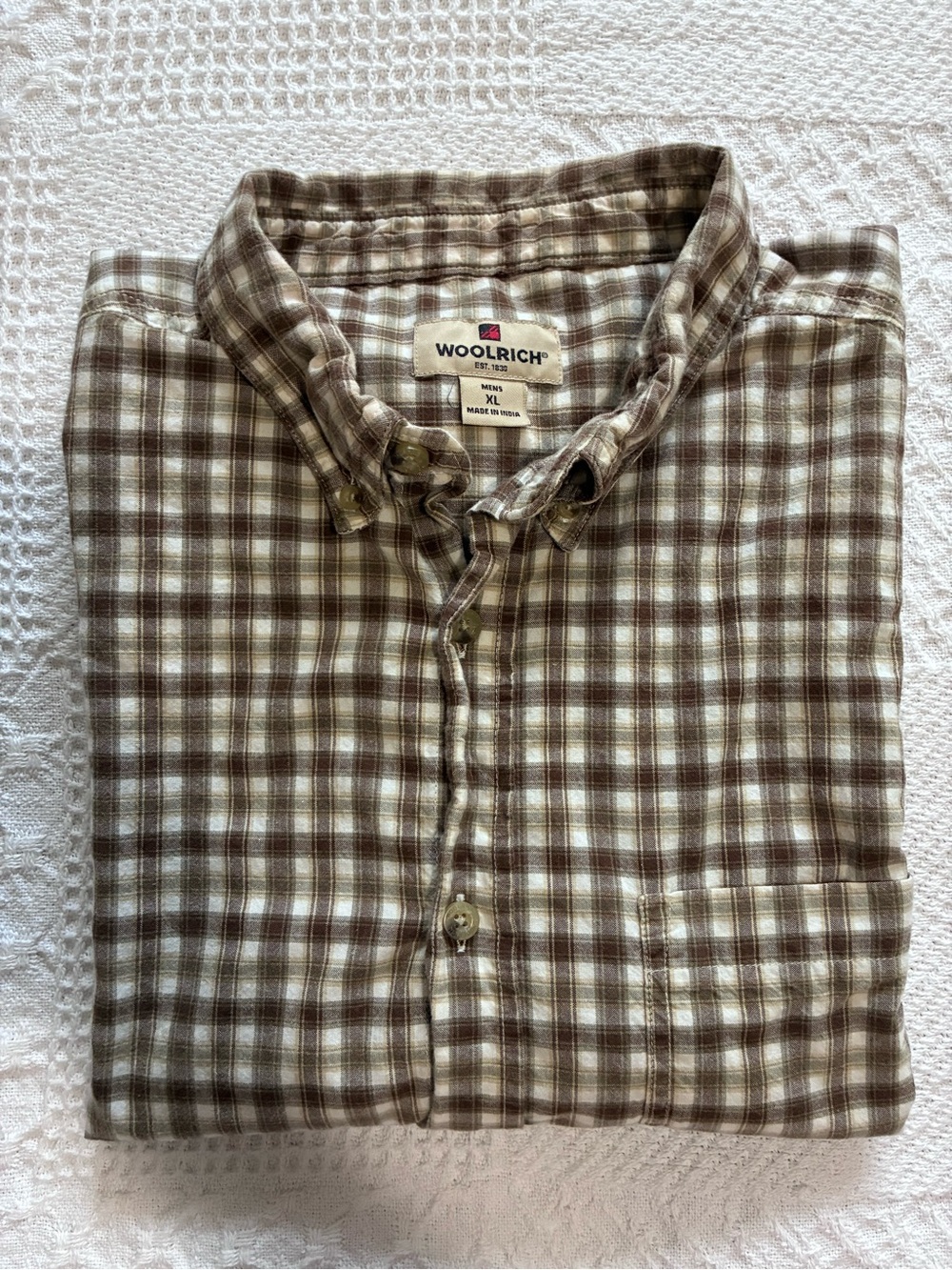 Woolrich 100% Cotton Button Down Short Sleeve Shirt Men’s Sz XL Brown Plaid
